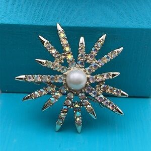 MCM style starburst aurora borealis Iridescent rhinestones faux pearl brooch pin